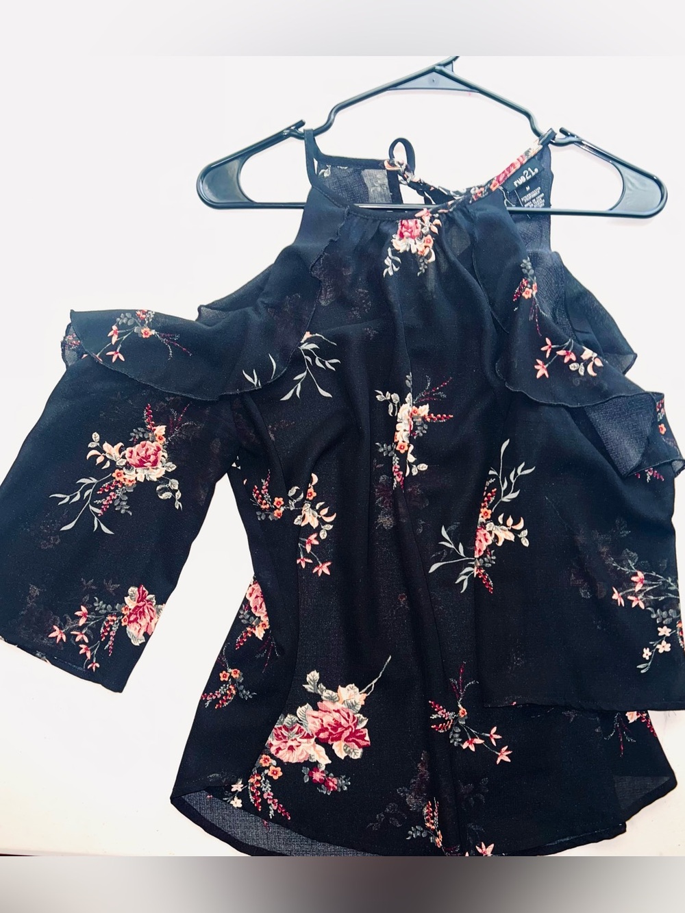 Rue21 Black Floral Cold-Shoulder Ruffle Top